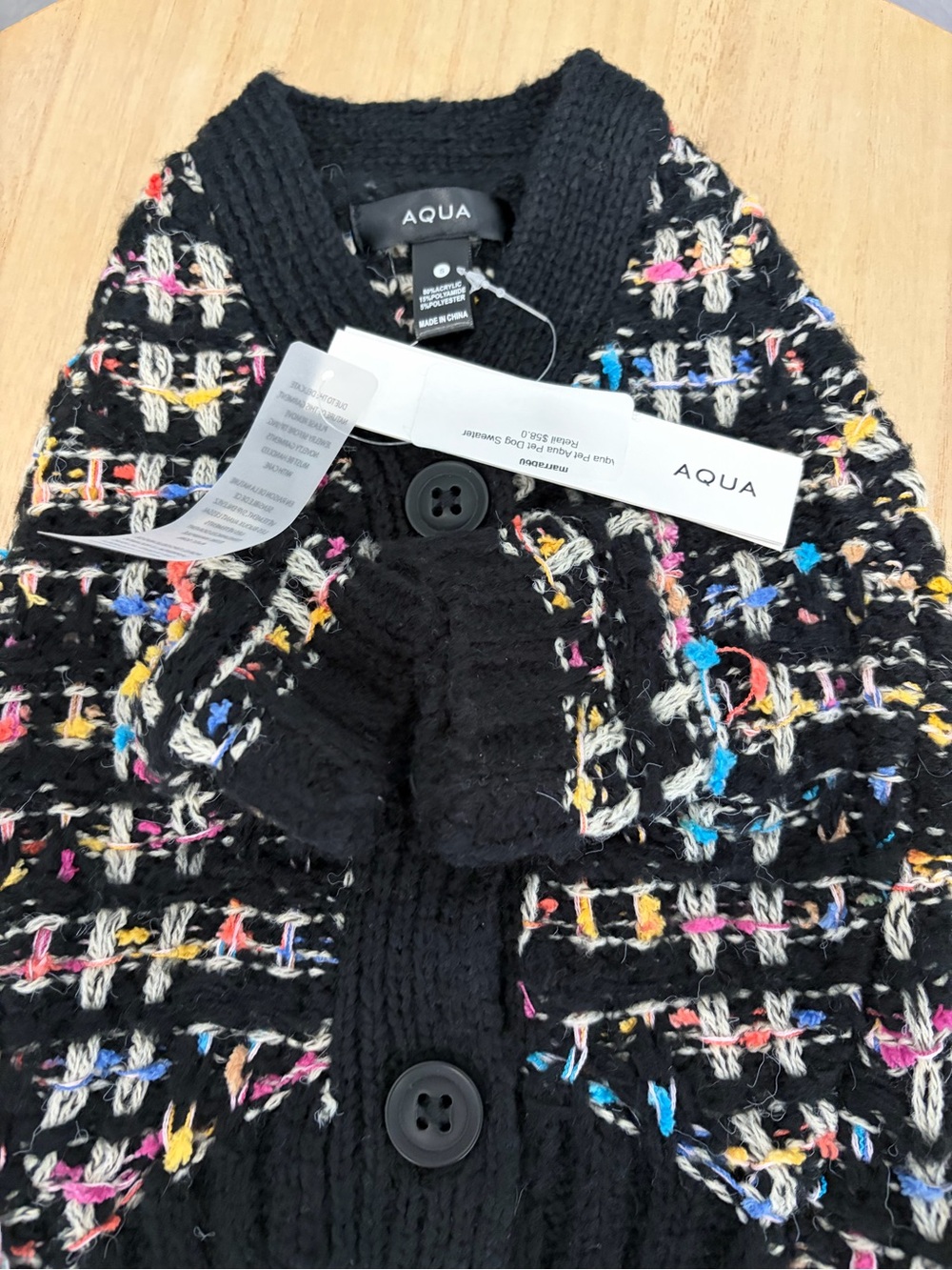 Aqua Black Knit Cardigan with Multicolor Accent Threads